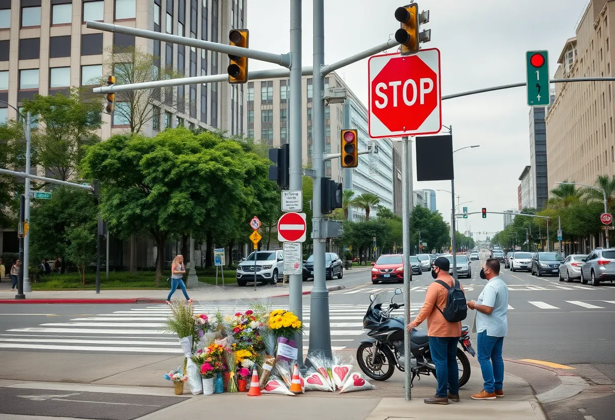 Community memorial for a young motorcyclist at an intersection