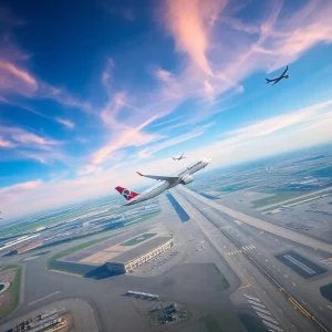 Aerial view of Memphis International Airport showcasing planes taking off.