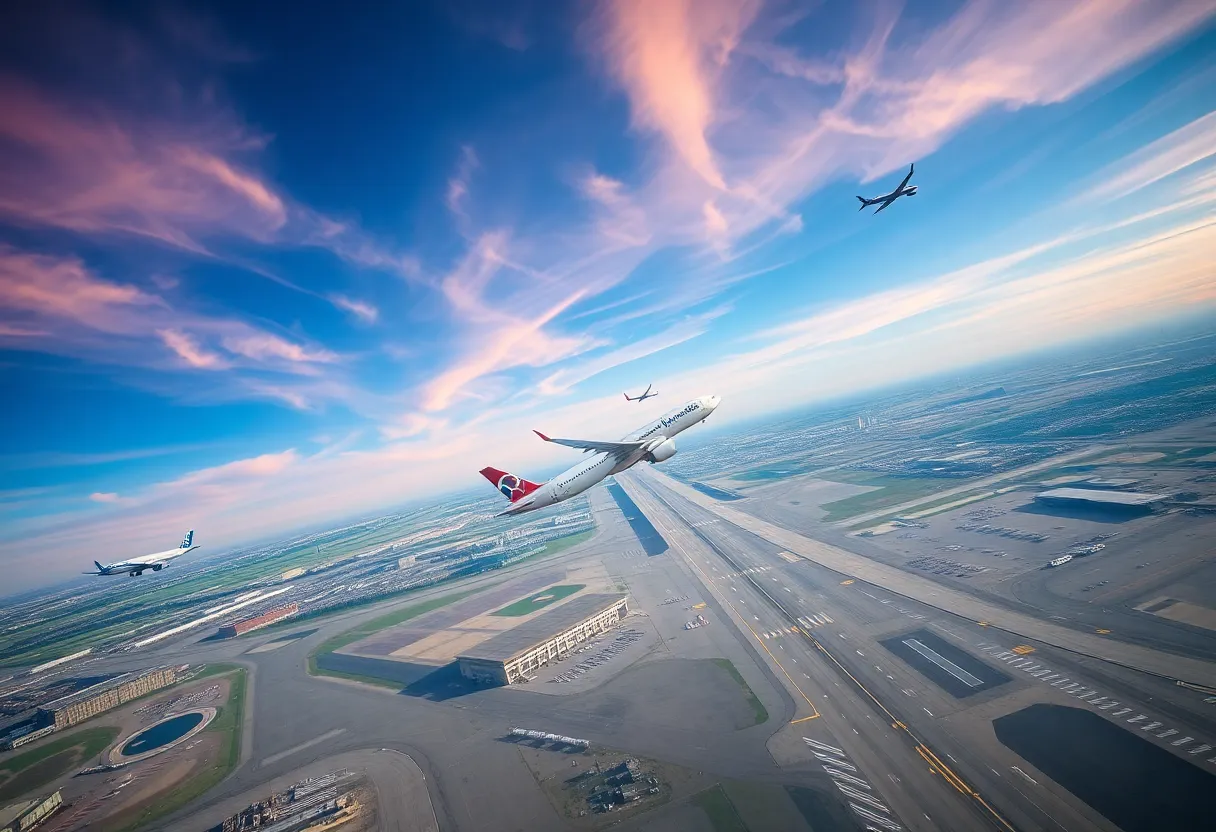 Aerial view of Memphis International Airport showcasing planes taking off.