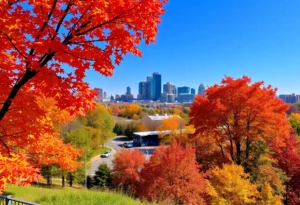 Clear blue sky over Metro Atlanta with autumn-colored foliage