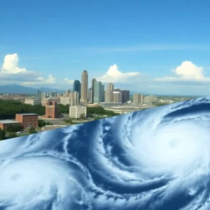 Clear skies over Metro Atlanta with a distant storm approaching.
