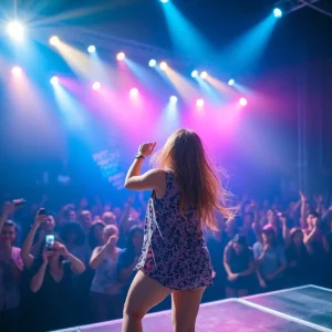 Promotional image for Mitski's concert film showcasing a live performance.