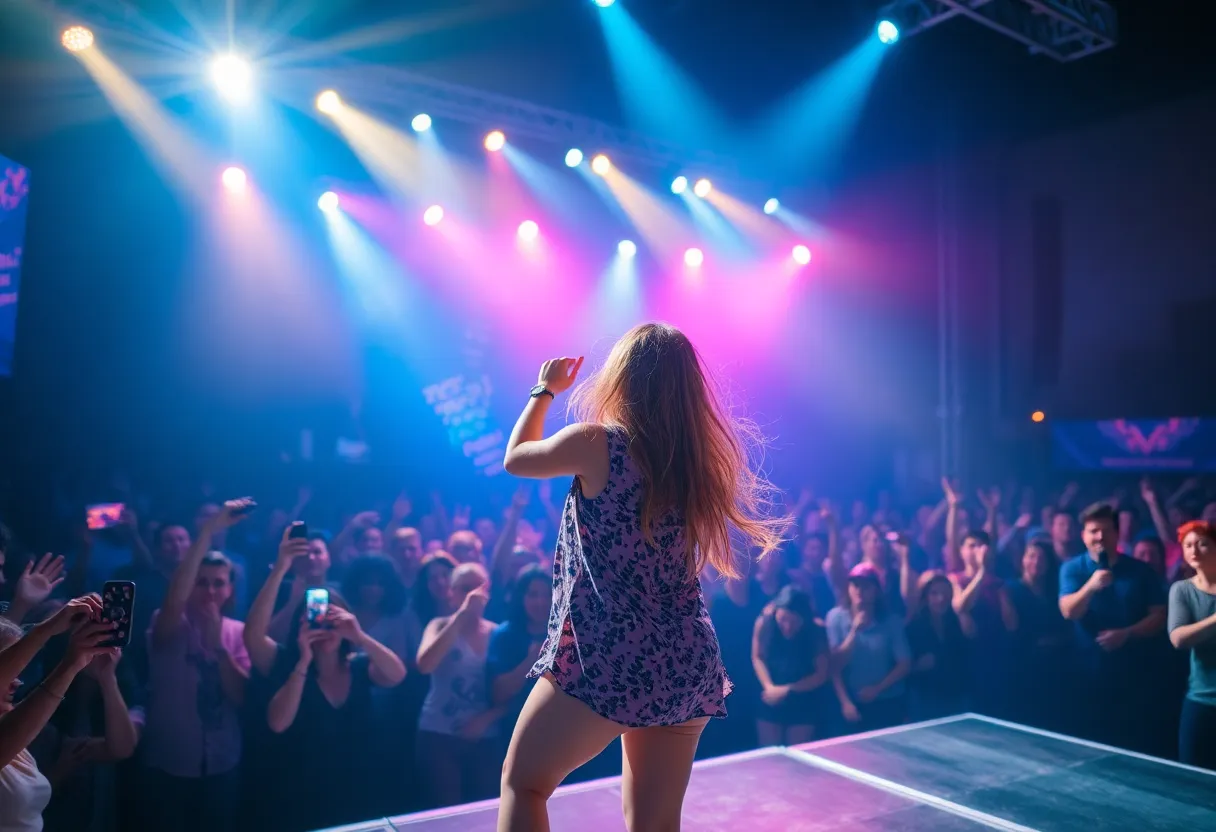 Promotional image for Mitski's concert film showcasing a live performance.