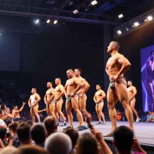 Bodybuilding competitors on stage at Muscle Beach Championships