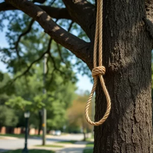 Noose-like rope hanging from a tree near the APEX Museum, symbolizing racial tension.