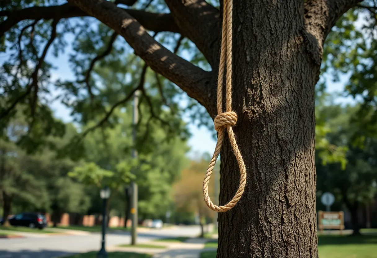 Noose-like rope hanging from a tree near the APEX Museum, symbolizing racial tension.