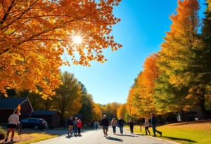 People enjoying a warm autumn day in North Georgia with fall foliage