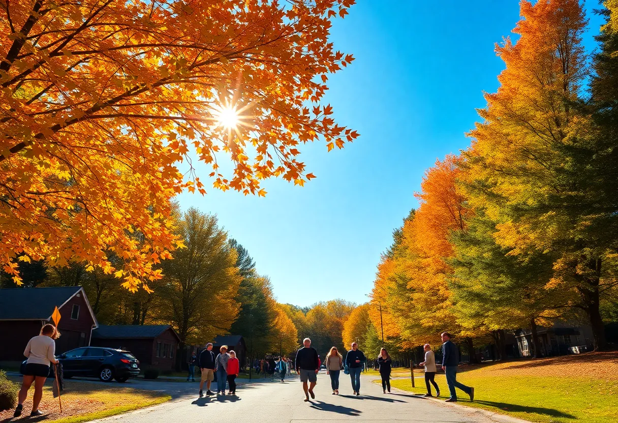People enjoying a warm autumn day in North Georgia with fall foliage