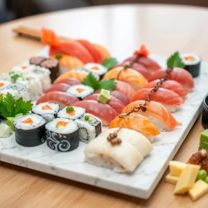 An artistic omakase sushi platter with various types of sushi and garnishes.