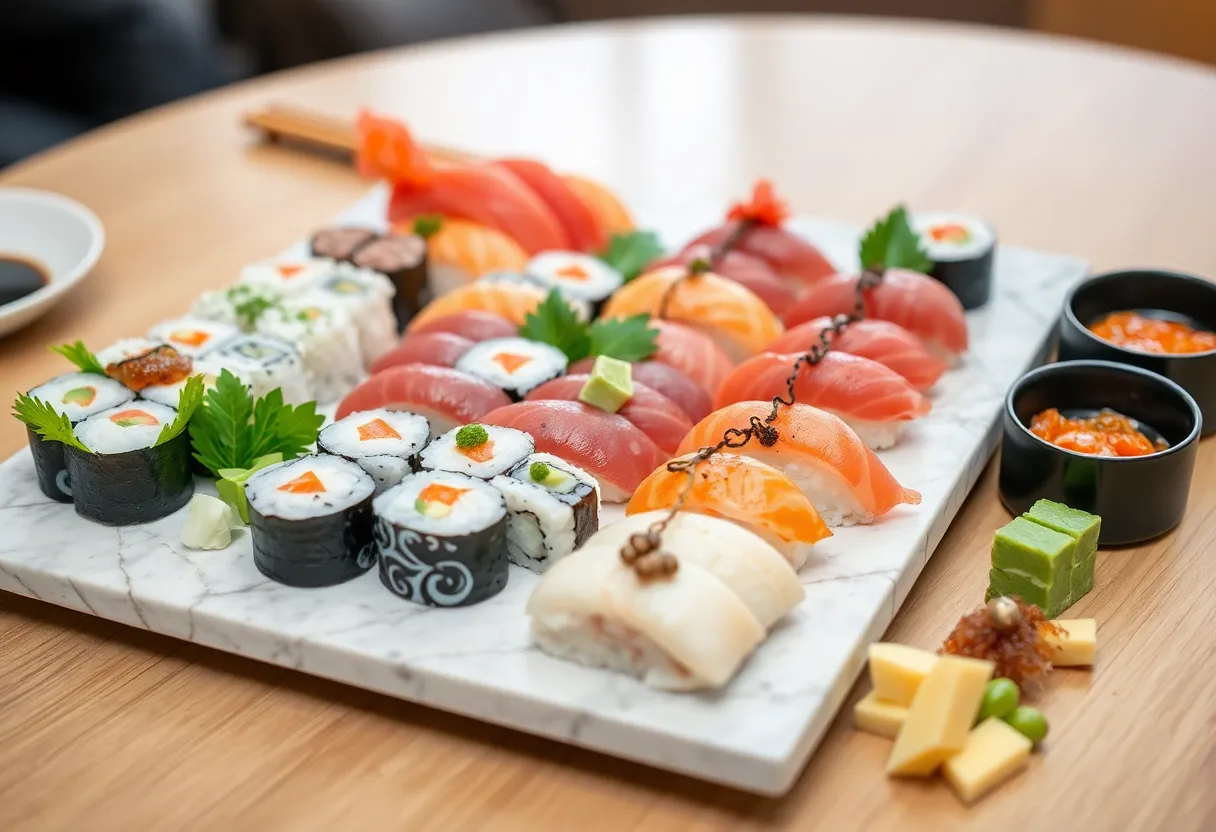An artistic omakase sushi platter with various types of sushi and garnishes.