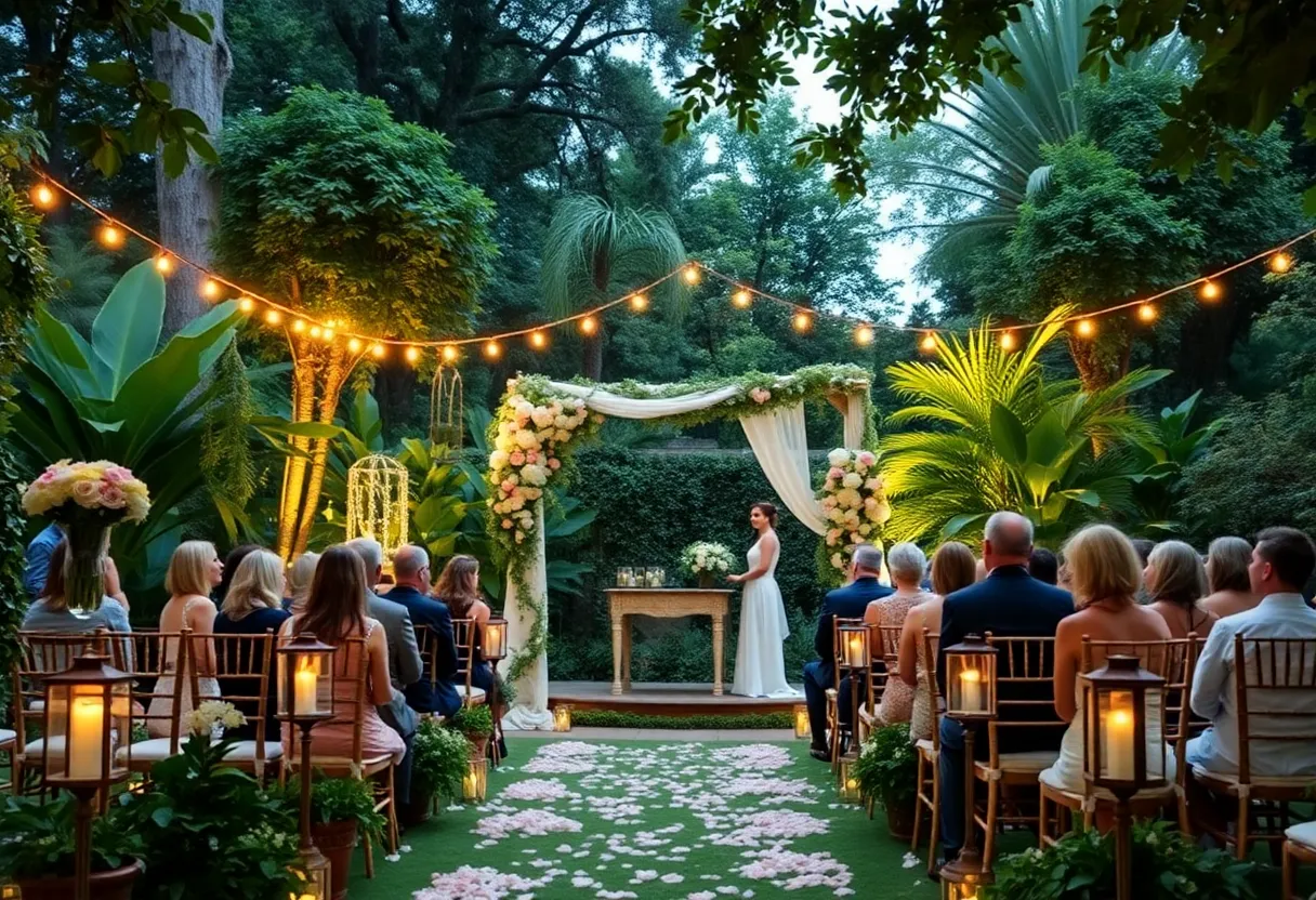 Beautiful outdoor wedding venue in Atlanta with lush greenery and floral decorations