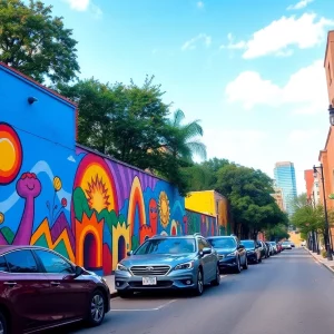 Colorful street view of Painted Park with parked cars and murals