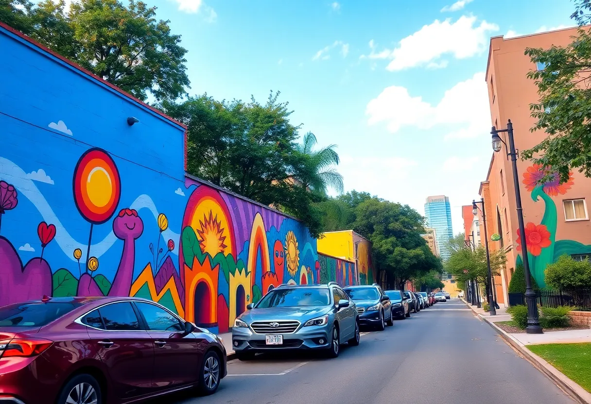 Colorful street view of Painted Park with parked cars and murals