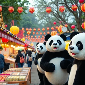 A festive atmosphere at the Panda Fest in Nashville with food vendors and panda decorations.