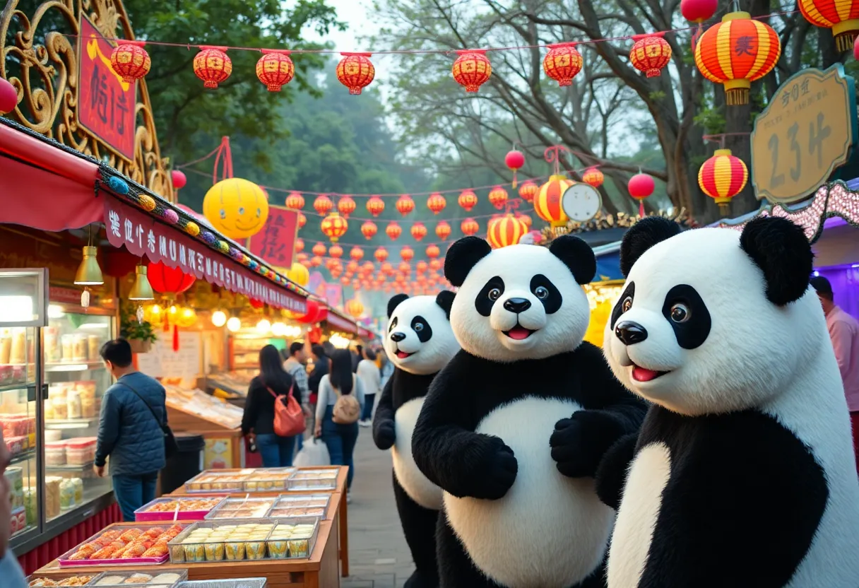 A festive atmosphere at the Panda Fest in Nashville with food vendors and panda decorations.