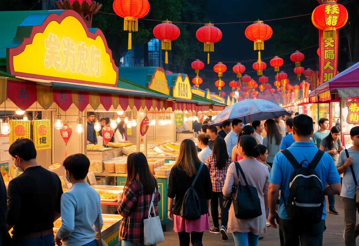 Outdoor scene of Panda Fest with food stalls and attendees enjoying Asian dishes.