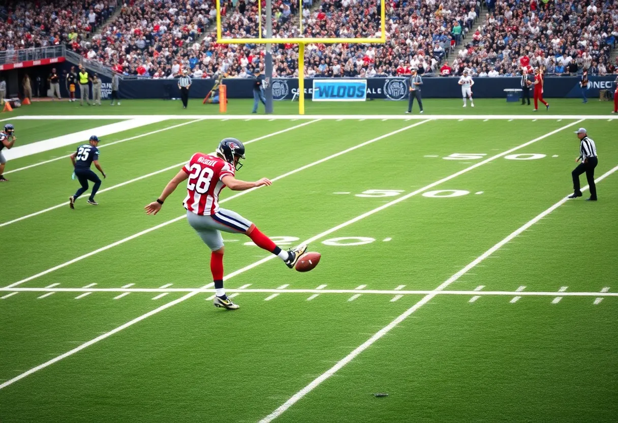 Parker Romo kicking a field goal during an NFL game