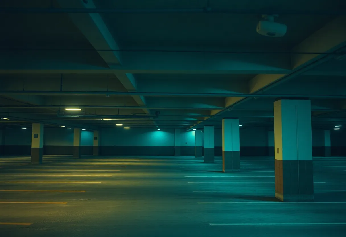 Surveillance footage of a parking garage highlighting security concerns