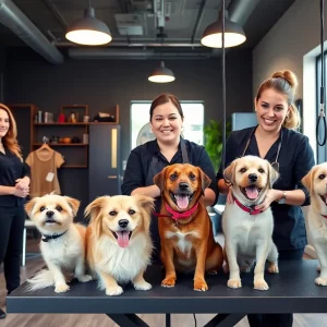A vibrant dog grooming salon in Atlanta with pets being pampered
