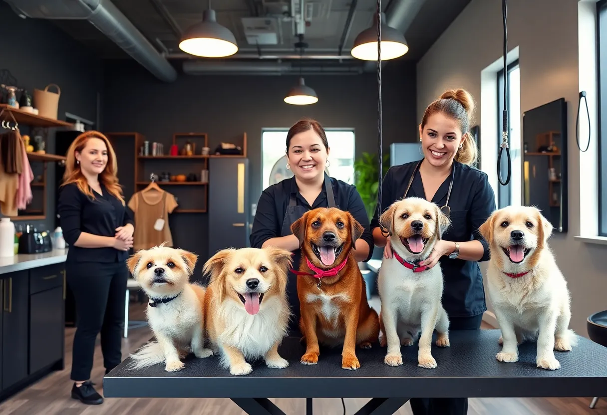 A vibrant dog grooming salon in Atlanta with pets being pampered