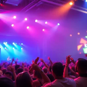 Crowd enjoying a concert atmosphere with vibrant lights.
