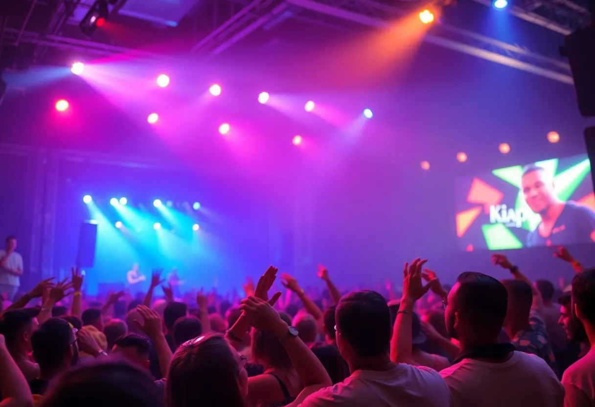 Crowd enjoying a concert atmosphere with vibrant lights.