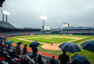 Baseball field with rain during a delay