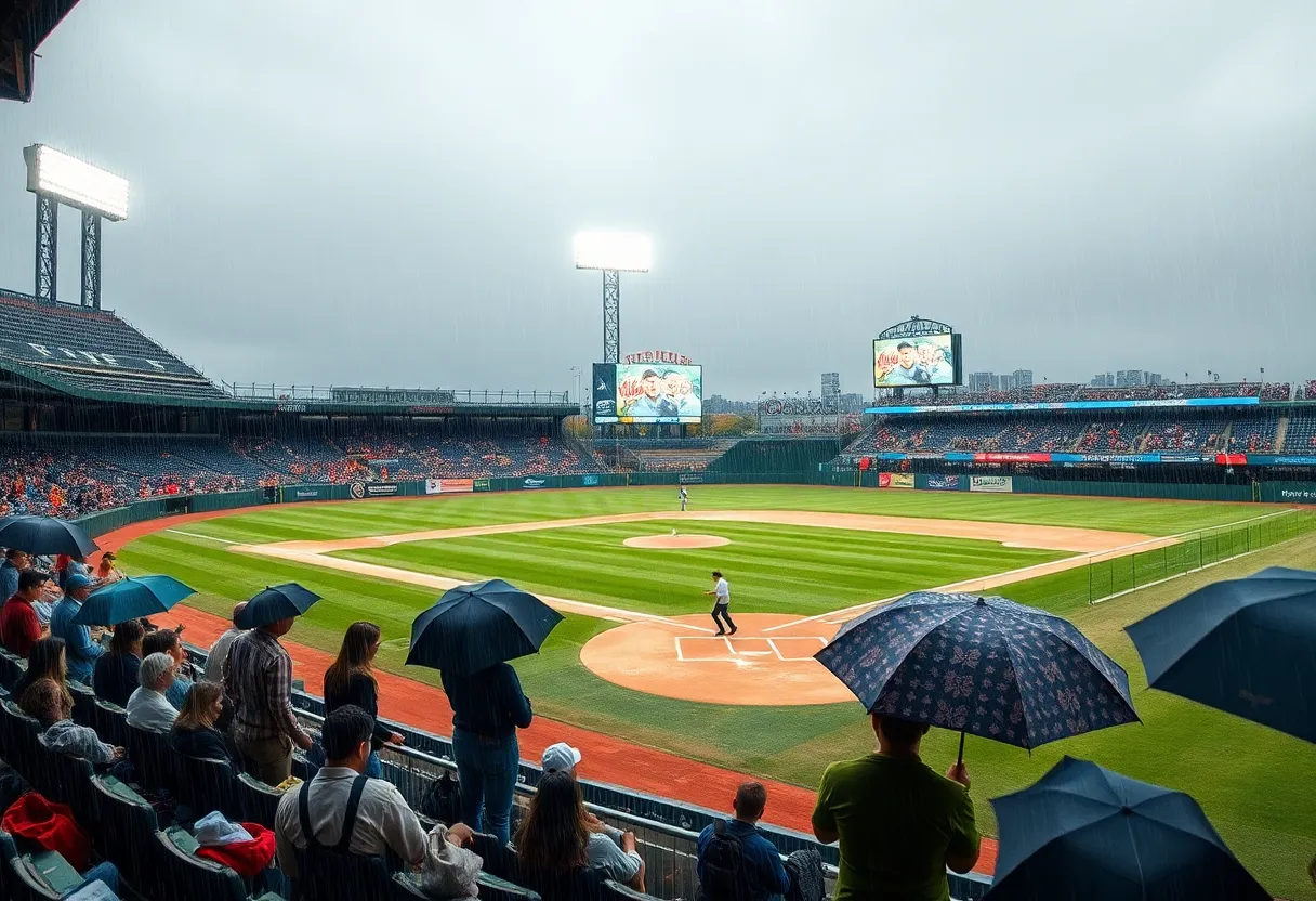 Baseball field with rain during a delay