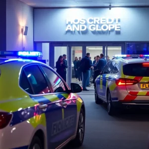 Police vehicles outside a hospital during emergency response
