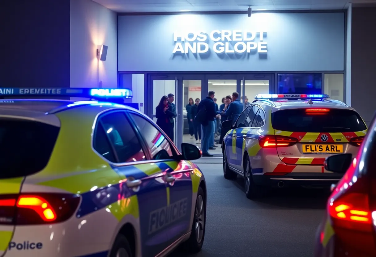 Police vehicles outside a hospital during emergency response
