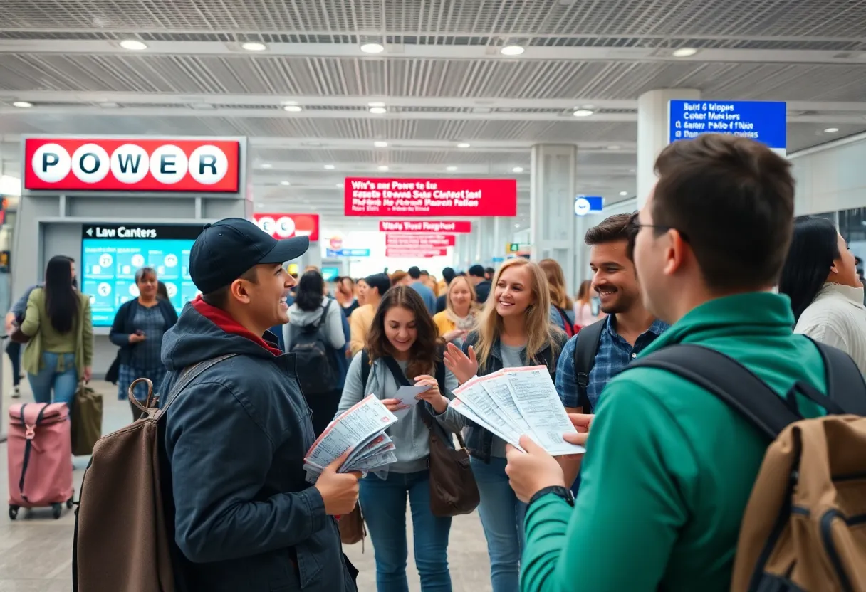 Travelers purchasing Powerball lottery tickets at Atlanta airport