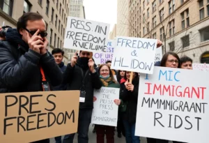 Visual representation of protest for press freedom and immigrant rights.