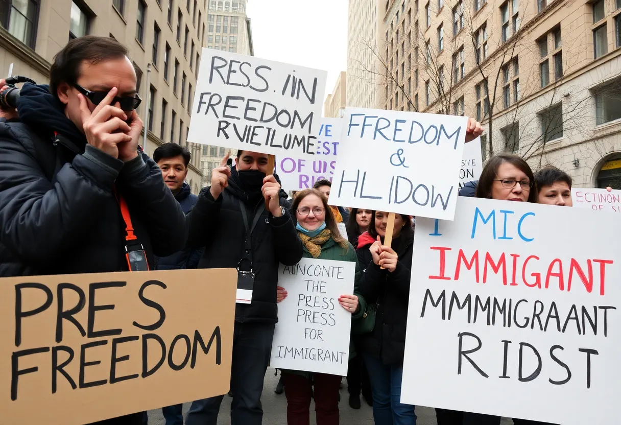 Visual representation of protest for press freedom and immigrant rights.