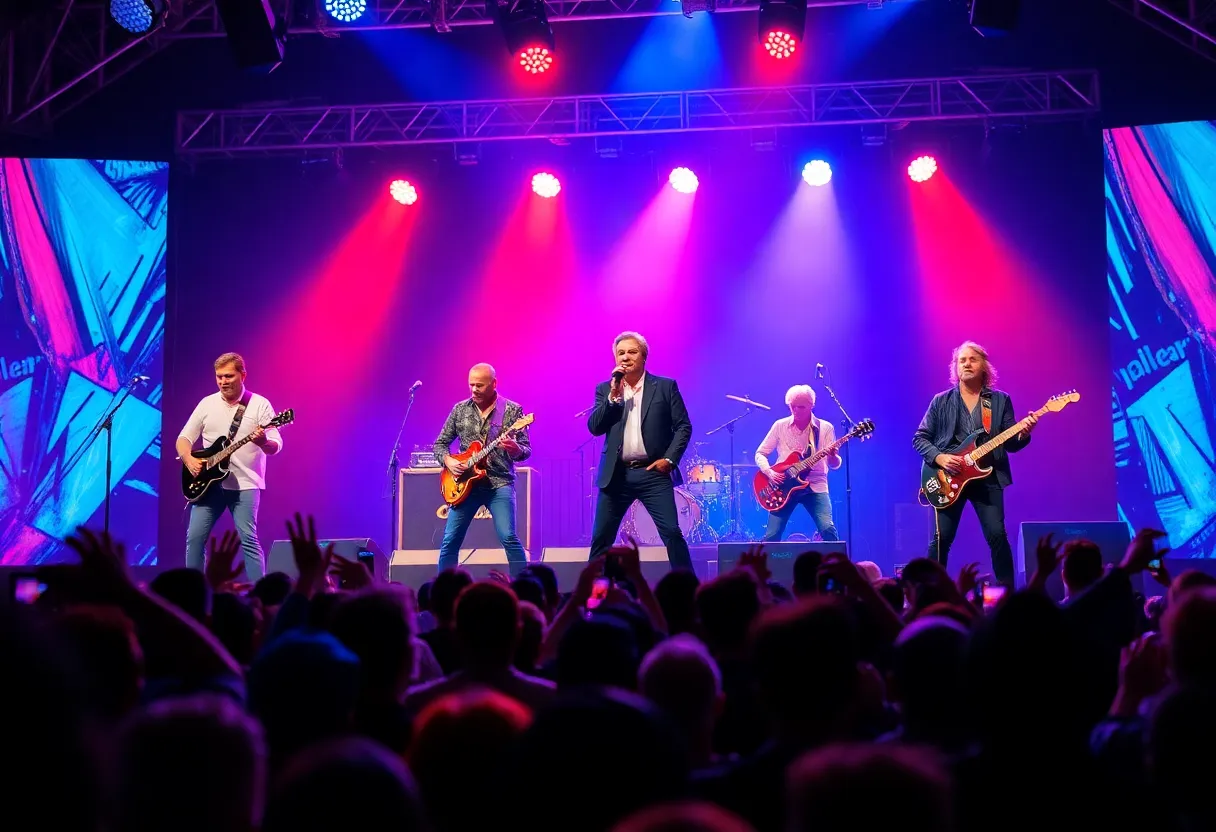 A concert stage with legendary musicians performing