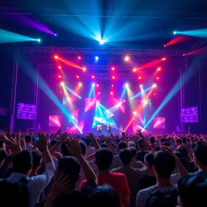 Audience at RAIN's K-Pop concert with colorful lights