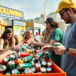 Festival-goers recycling aluminum cans in a colorful outdoor setting.