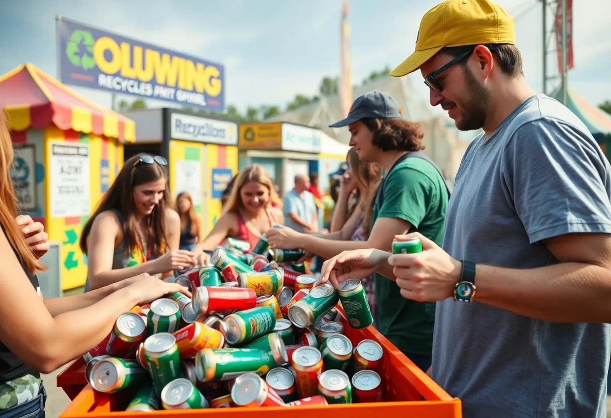 Festival-goers recycling aluminum cans in a colorful outdoor setting.