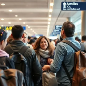 International travelers reuniting at an airport terminal.