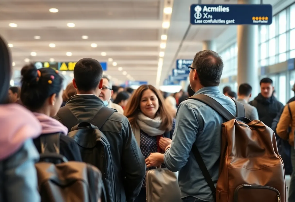 International travelers reuniting at an airport terminal.