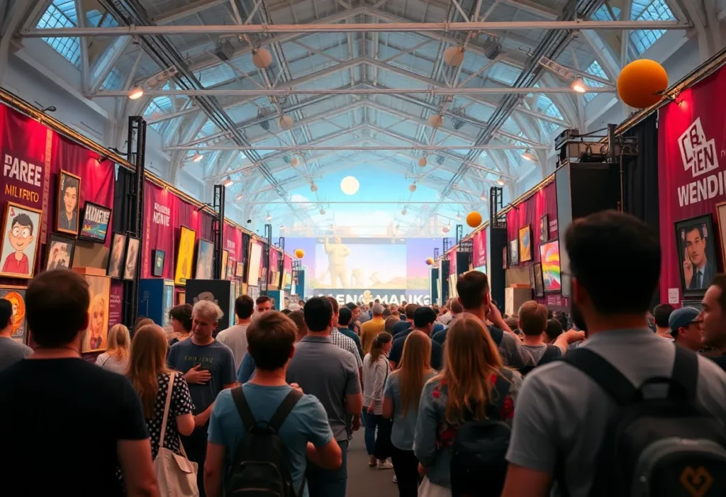 A lively scene from the SCAD AnimationFest 2025 featuring animation art and enthusiastic audience.