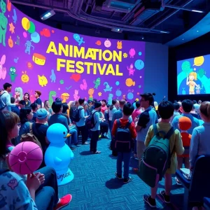 Scene from SCAD AnimationFest with attendees and animation displays