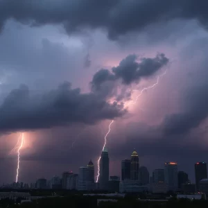 Severe thunderstorms impacting Atlanta skyline