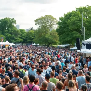 A vibrant crowd enjoying the Shaky Knees Music Festival in Piedmont Park.