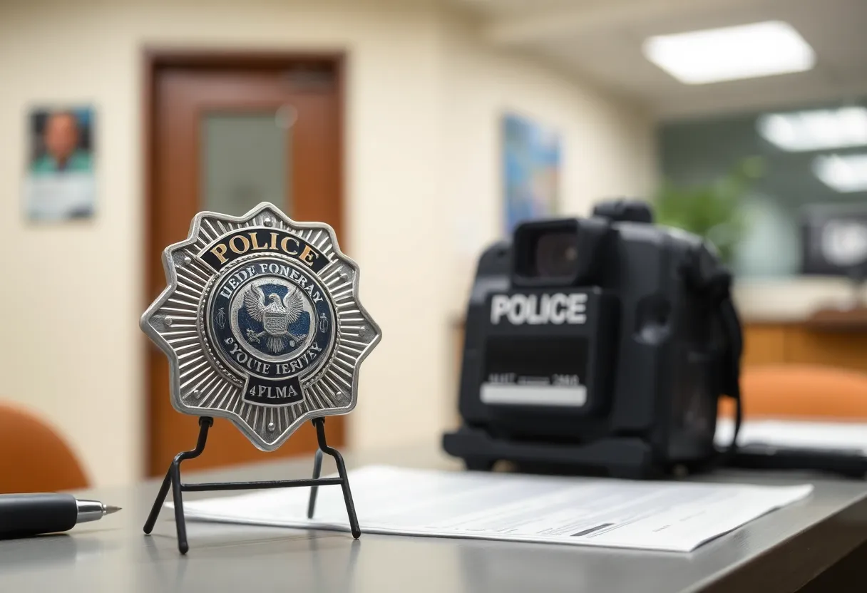 Police badge and body camera representing a sheriff investigation