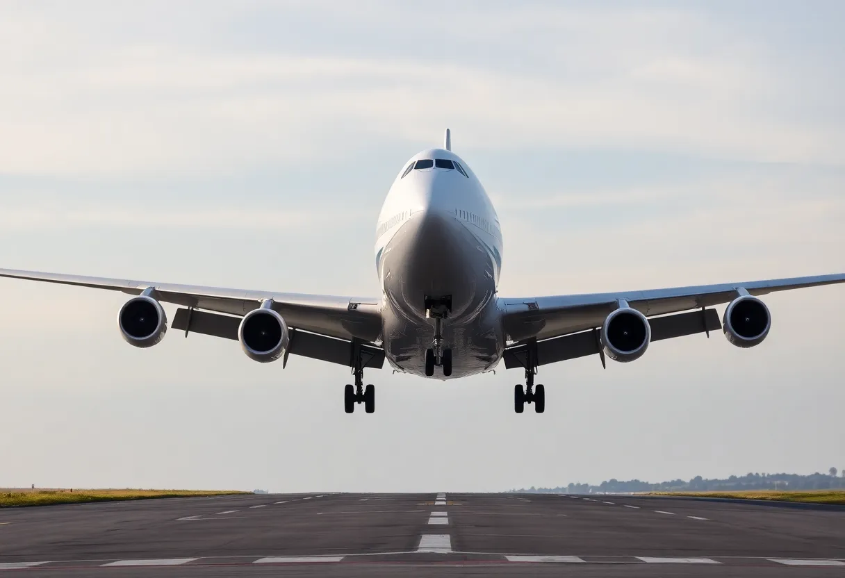 Boeing 747-8i charter plane at the airport for South Korean workers' repatriation