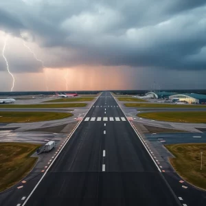 A stormy scene at Atlanta's Hartsfield-Jackson International Airport during severe weather conditions.