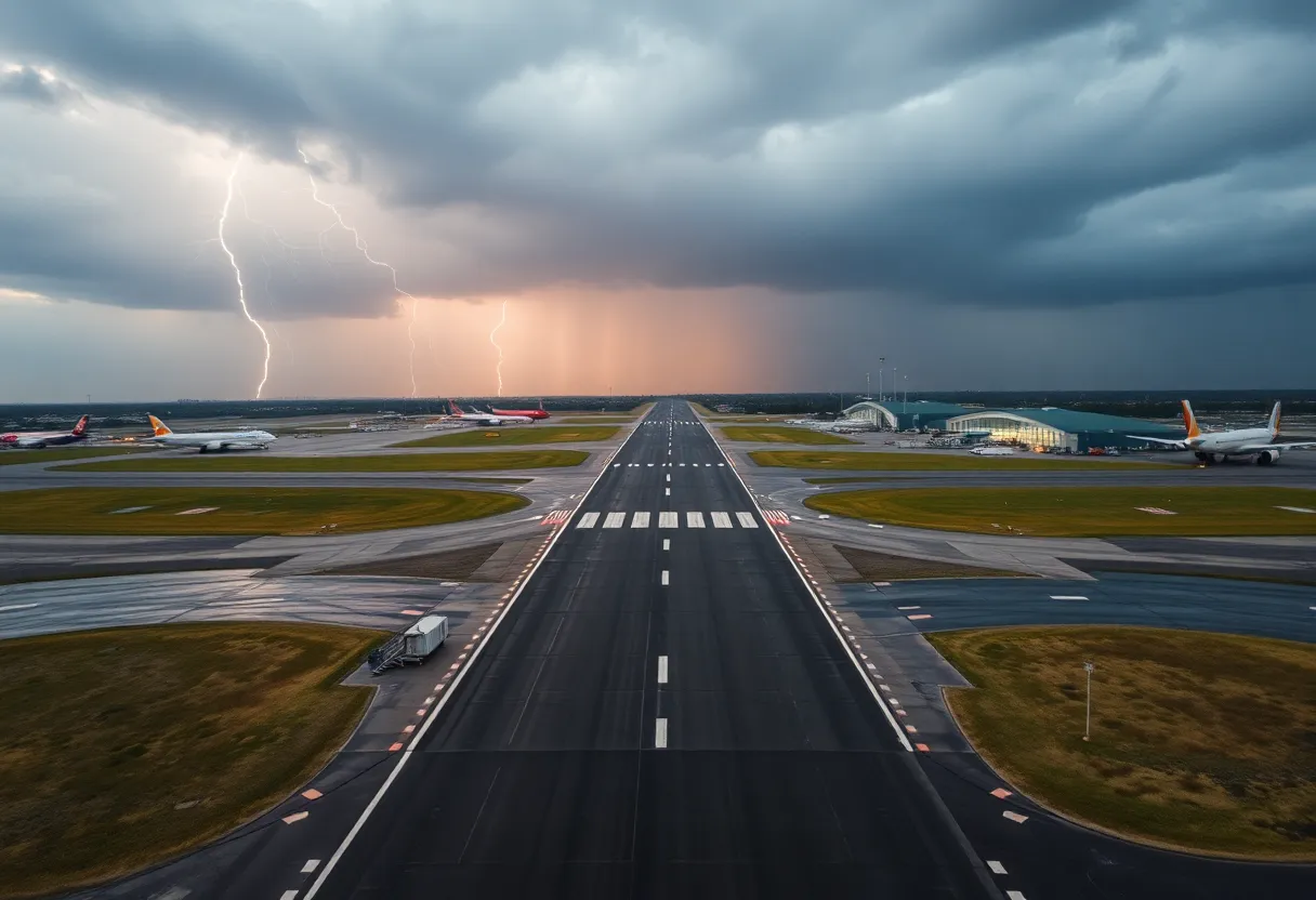 A stormy scene at Atlanta's Hartsfield-Jackson International Airport during severe weather conditions.