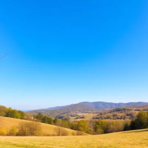 A picturesque view of a sunny day in North Georgia with green hills.