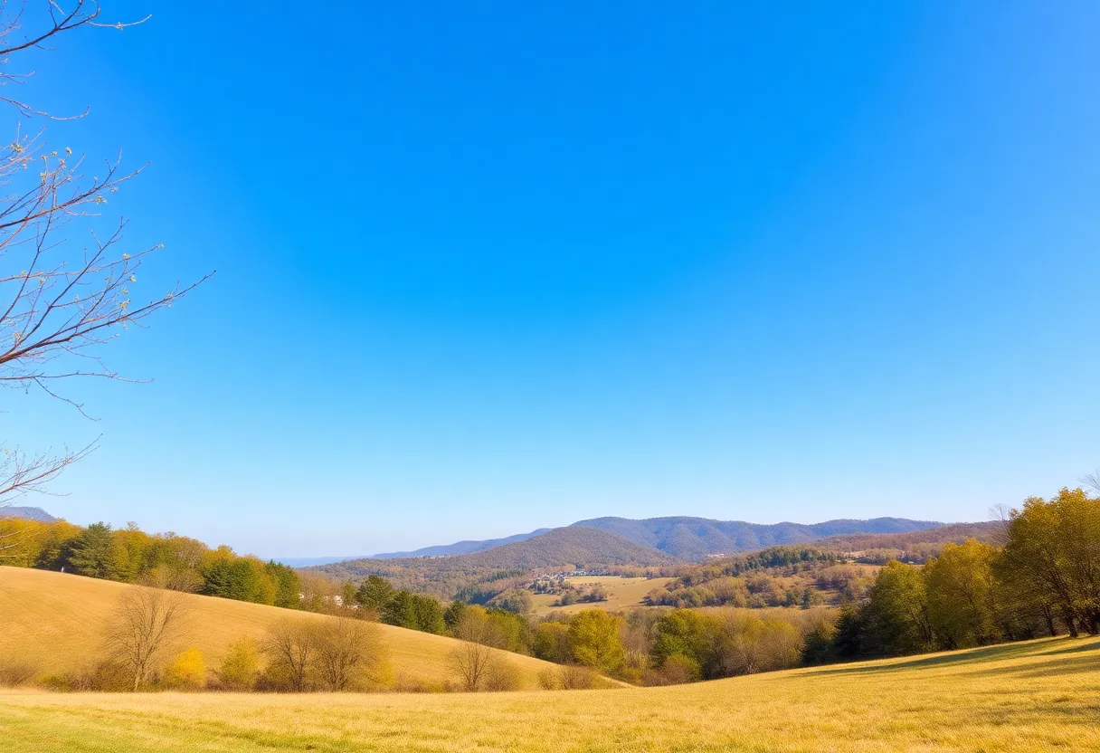A picturesque view of a sunny day in North Georgia with green hills.