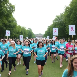 Participants in teal shirts at the Teal Trot event promoting ovarian cancer awareness